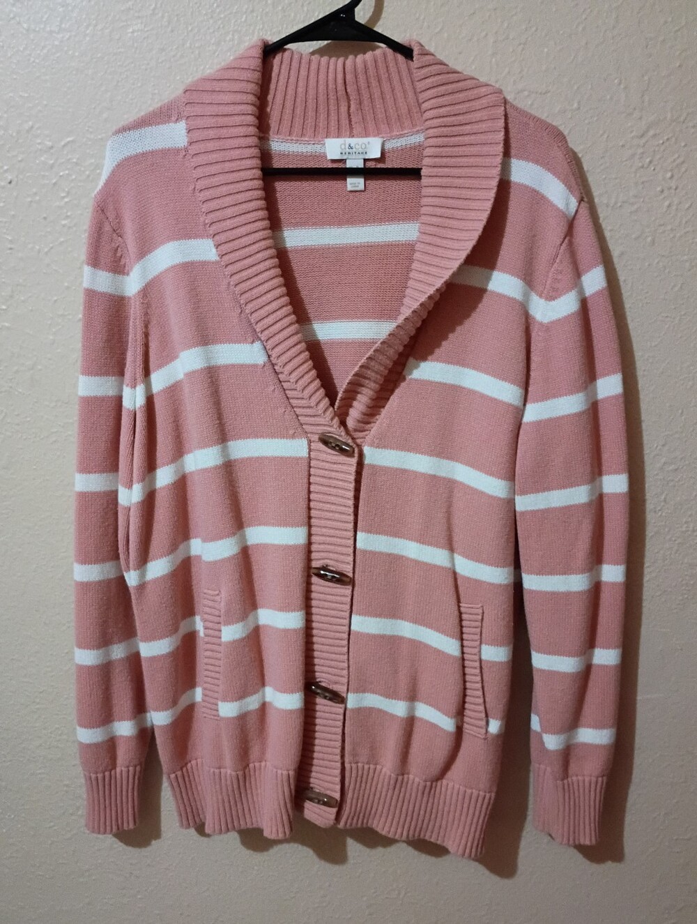 Denim & Co. Heritage Size XL Pink and White Striped Cardigan Sweater